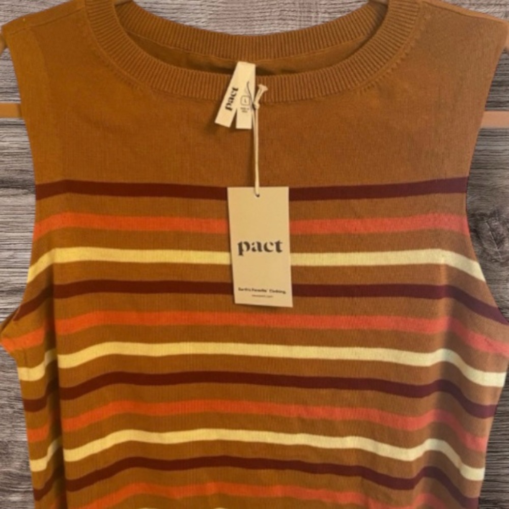 PACT SZ LARGE 100% ORGANIC COTTON CLASSIC FINE KNIT SHELL IN WARM SPICE STRIPE - Picture 3 of 13